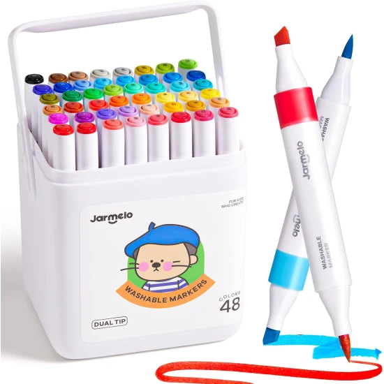 Jarmelo Doppelspitzenmarker in tragbarer Box – 48 Farben, Pinsel- und grobe Spitze, ungiftig und abwaschbar