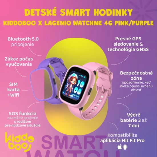 Kiddoboo x Lagenio WatchMe 4G Kinder-Smartwatch in Pink und Lila mit Display, Kamera und SOS-Funktion – ein sicheres und verspieltes Accessoire für Kinder.