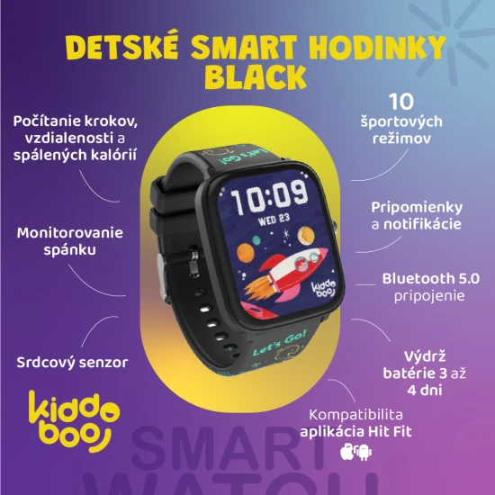 Schwarze Kiddoboo-Smartwatch für Kinder in Schwarz mit Überwachung verschiedener täglicher Aktivitäten, Farbdisplay und bequemem Armband.