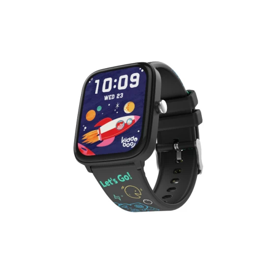 Schwarze Kiddoboo-Smartwatch für Kinder in Schwarz mit Überwachung verschiedener täglicher Aktivitäten, Farbdisplay und bequemem Armband.
