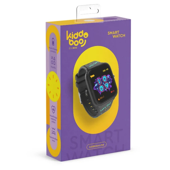 Schwarze Kiddoboo-Smartwatch für Kinder in Schwarz mit Überwachung verschiedener täglicher Aktivitäten, Farbdisplay und bequemem Armband.