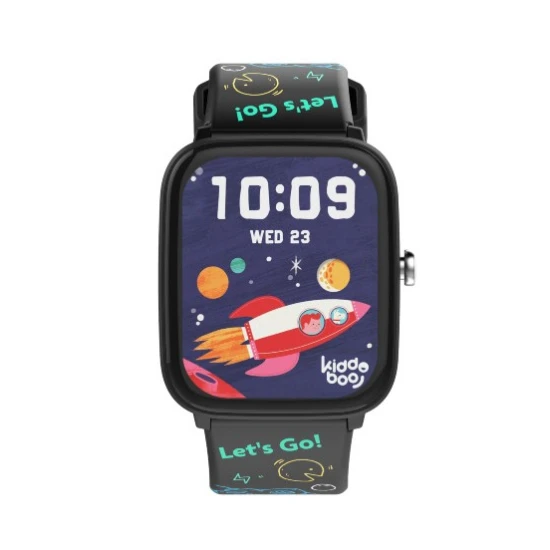 Schwarze Kiddoboo-Smartwatch für Kinder in Schwarz mit Überwachung verschiedener täglicher Aktivitäten, Farbdisplay und bequemem Armband.