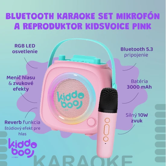 Pinkes Kiddoboo Bluetooth-Karaoke-Set KidsVoice-Mikrofon und Lautsprecher mit RGB-Beleuchtung und lustigen Effekten für Kinder ab 3 Jahren.