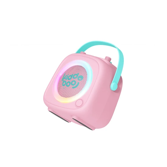 Pinkes Kiddoboo Bluetooth-Karaoke-Set KidsVoice-Mikrofon und Lautsprecher mit RGB-Beleuchtung und lustigen Effekten für Kinder ab 3 Jahren.