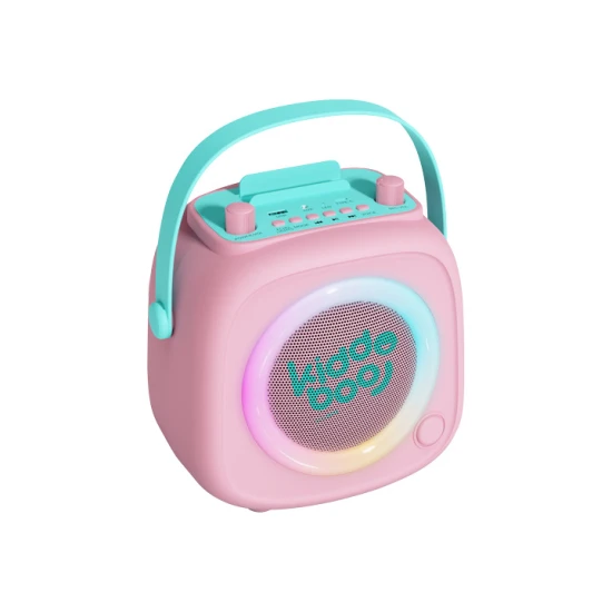 Pinkes Kiddoboo Bluetooth-Karaoke-Set KidsVoice-Mikrofon und Lautsprecher mit RGB-Beleuchtung und lustigen Effekten für Kinder ab 3 Jahren.