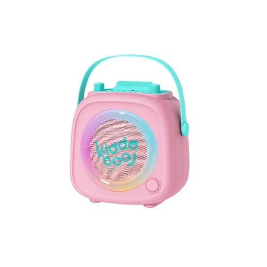 Pinkes Kiddoboo Bluetooth-Karaoke-Set KidsVoice-Mikrofon und Lautsprecher mit RGB-Beleuchtung und lustigen Effekten für Kinder ab 3 Jahren.