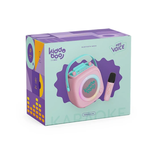 Pinkes Kiddoboo Bluetooth-Karaoke-Set KidsVoice-Mikrofon und Lautsprecher mit RGB-Beleuchtung und lustigen Effekten für Kinder ab 3 Jahren.