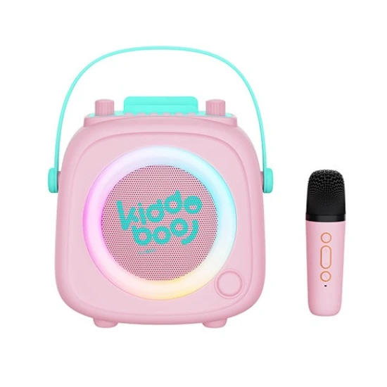 Pinkes Kiddoboo Bluetooth-Karaoke-Set KidsVoice-Mikrofon und Lautsprecher mit RGB-Beleuchtung und lustigen Effekten für Kinder ab 3 Jahren.