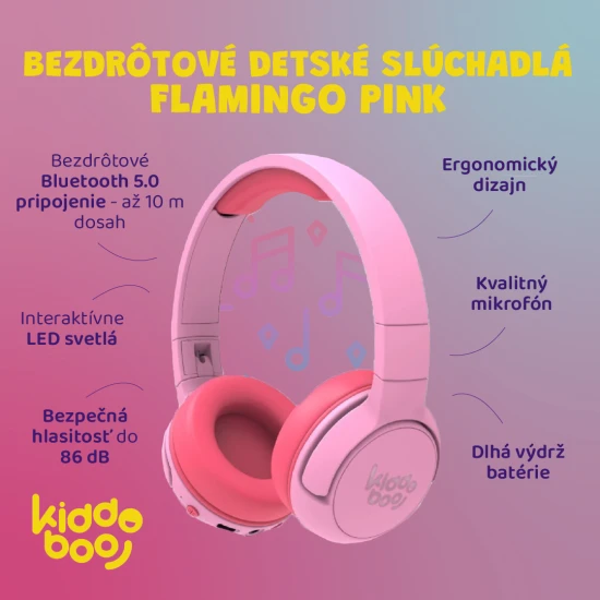 Kabellose Kinderkopfhörer Kiddoboo Flamingo Pink mit LED-Licht und hochwertigem Sound – sichere und stylische Kopfhörer für Kinder ab 6 Jahren.