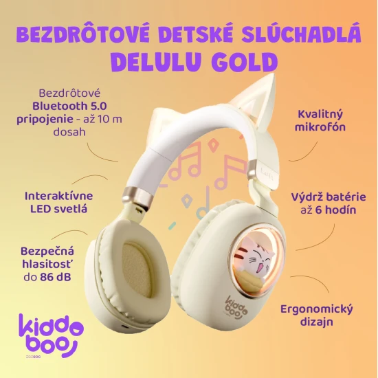 Kiddoboo Delulu Gold kabellose Kinderkopfhörer mit LED-Licht und Katzenohren – sichere und stylische Kopfhörer für Kinder ab 7 Jahren.