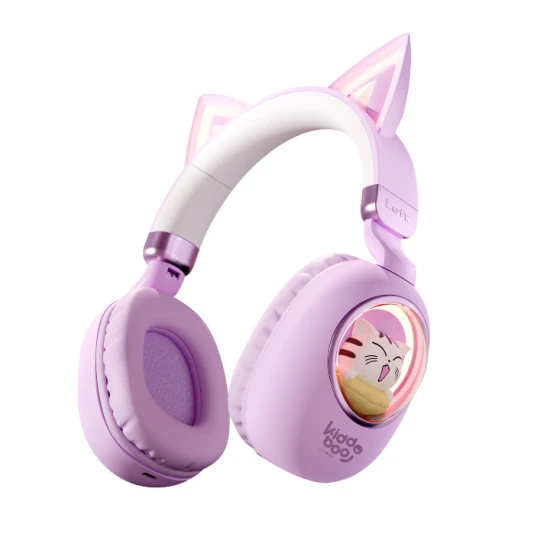 Kiddoboo Delulu Lavender kabellose Kinderkopfhörer mit LED-Licht und Katzenohren – sichere und stylische Kopfhörer für Kinder ab 7 Jahren.
