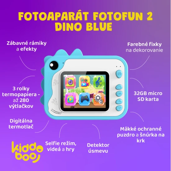 Kiddoboo FotoFun 2 Dino Blue Kinderkamera - blaue Sofortbildkamera für Kinder mit Sofortdruck, Farbmarkierungen und lustigen Fotorahmen.