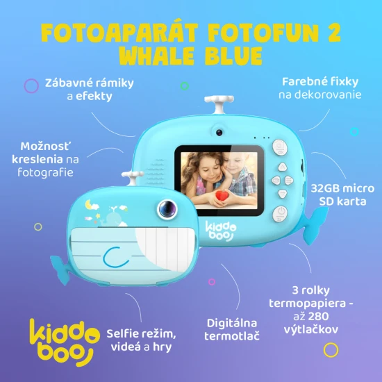 Kiddoboo FotoFun 2 Whale Blue Kinderkamera - blaue Sofortbildkamera für Kinder mit Sofortdruck, Farbmarkierungen und lustigen Fotorahmen.