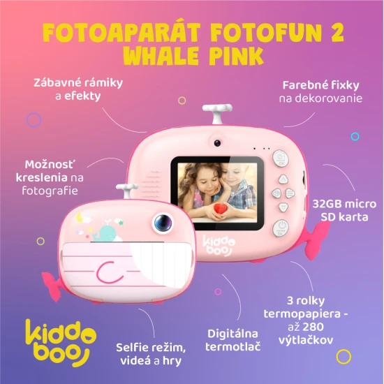 Kiddoboo FotoFun 2 Whale Pink Kinderkamera - rosa Sofortbildkamera für Kinder mit Sofortdruck, Farbmarkierungen und lustigen Fotorahmen.