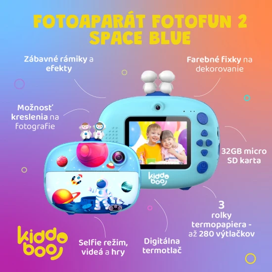 Kiddoboo FotoFun 2 Space Blue Kinderkamera - blaue Sofortbildkamera für Kinder mit Sofortdruck, Farbmarkierungen und lustigen Fotorahmen.