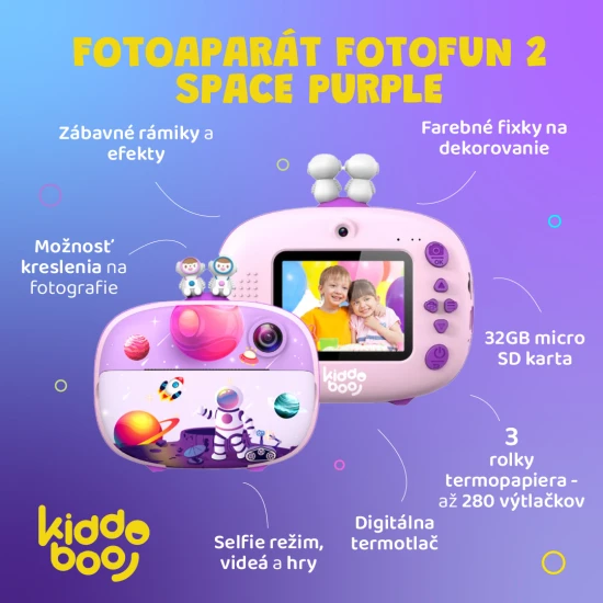Kiddoboo FotoFun 2 Space Purple Kinderkamera - lila Sofortbildkamera für Kinder mit Sofortdruck, Farbmarkierungen und lustigen Fotorahmen.