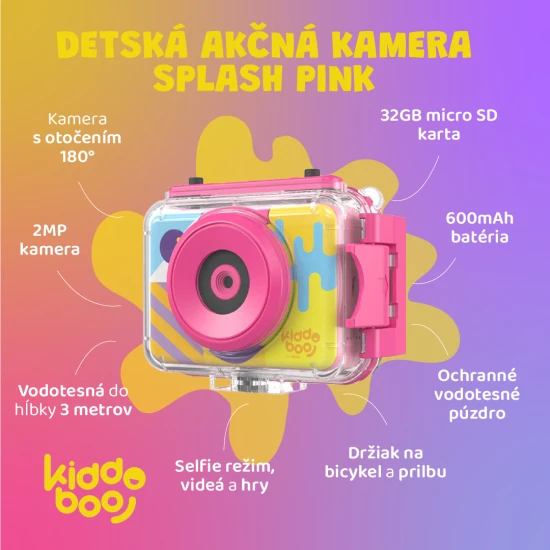 Kiddoboo Action Camera Splash Pink - Wasserdichte Kamera in Pink mit Schwenkkamera und Zubehör für kleine Abenteurer.