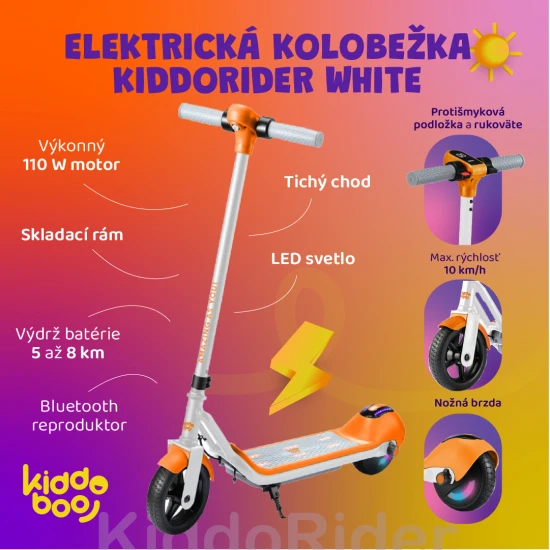 Weißer Kiddoboo KiddoRider Kinder-Elektroroller mit Anti-Rutsch-Pad, LED-Licht und klappbarem Rahmen – ideal für Kinder ab 6 Jahren.