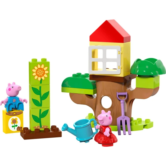 LEGO® DUPLO® Peppa Pig – Garten und Baumhaus mit Peppa und Tom, die den Garten erkunden.
