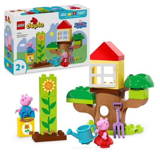 LEGO® DUPLO® Peppa Pig – Garten und Baumhaus mit Peppa und Tom, die den Garten erkunden.