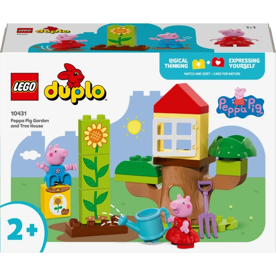 LEGO® DUPLO® Peppa Pig – Garten und Baumhaus mit Peppa und Tom, die den Garten erkunden.