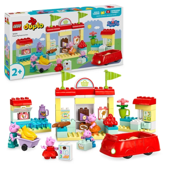 Peppa Pig und Familie im LEGO® DUPLO® Supermarkt – ein Einkaufsabenteuer mit Spielzeugauto und Schubkarre