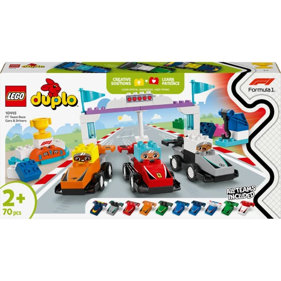 LEGO® DUPLO® F1® Rennwagen und Fahrer: Bausatz mit Fahrzeugen, Fahrern und Kranmodell.
