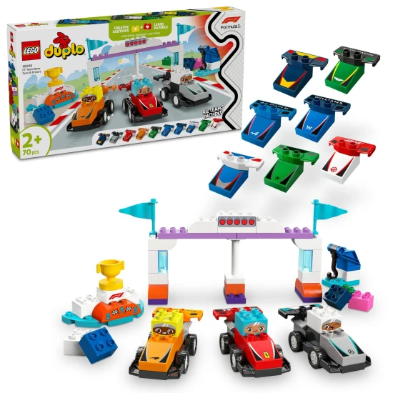 LEGO® DUPLO® F1® Rennwagen und Fahrer: Bausatz mit Fahrzeugen, Fahrern und Kranmodell.