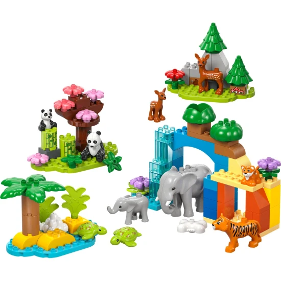 LEGO DUPLO Wildtierfamilien-Lernset für Kinder, Tierfiguren, Elefant, Panda, Tiger, Schildkröte, Hirsch, kreatives Spielen für Kinder