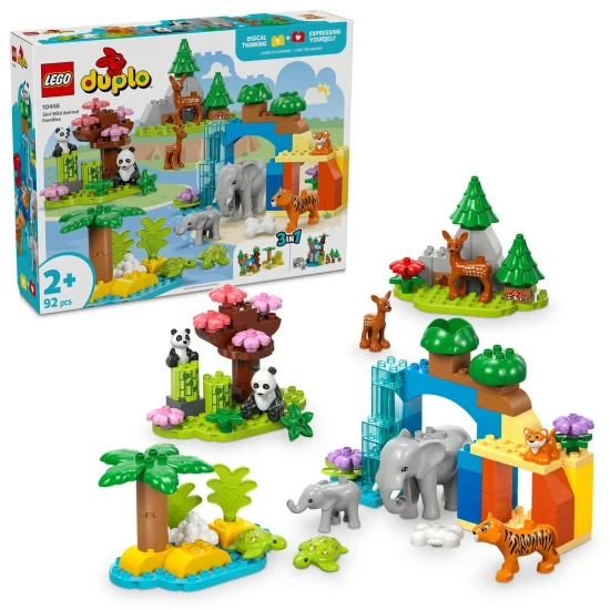 LEGO DUPLO Wildtierfamilien-Lernset für Kinder, Tierfiguren, Elefant, Panda, Tiger, Schildkröte, Hirsch, kreatives Spielen für Kinder