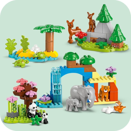 LEGO DUPLO Wildtierfamilien-Lernset für Kinder, Tierfiguren, Elefant, Panda, Tiger, Schildkröte, Hirsch, kreatives Spielen für Kinder