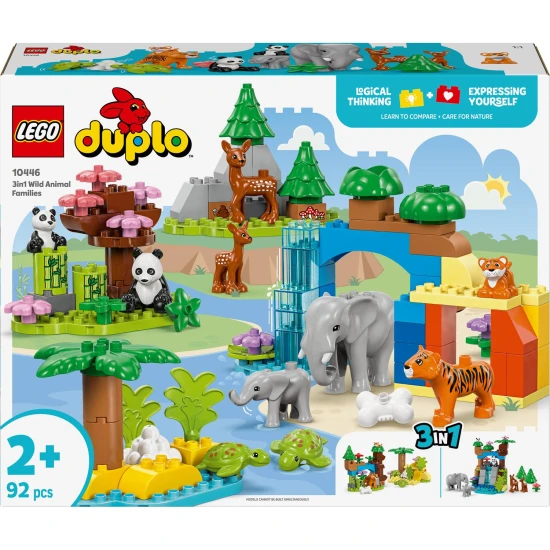 LEGO DUPLO Wildtierfamilien-Lernset für Kinder, Tierfiguren, Elefant, Panda, Tiger, Schildkröte, Hirsch, kreatives Spielen für Kinder