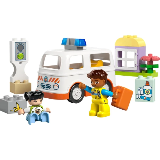 LEGO DUPLO Krankenwagen und Fahrer mit Figuren eines Mädchens, eines Fahrers und eines Krankenwagens, Kinderbausatz zur Entwicklung sozialer Fähigkeiten und motorischer Fähigkeiten.