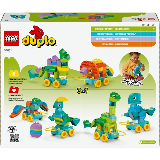 LEGO DUPLO 3 in 1 Dinosaurier auf Rädern 10451 – Diplodocus, T-Rex, Triceratops, Stegosaurus, Pteranodon und Parasaurolophus Bauset für Kinder