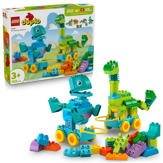 LEGO DUPLO 3 in 1 Dinosaurier auf Rädern 10451 – Diplodocus, T-Rex, Triceratops, Stegosaurus, Pteranodon und Parasaurolophus Bauset für Kinder
