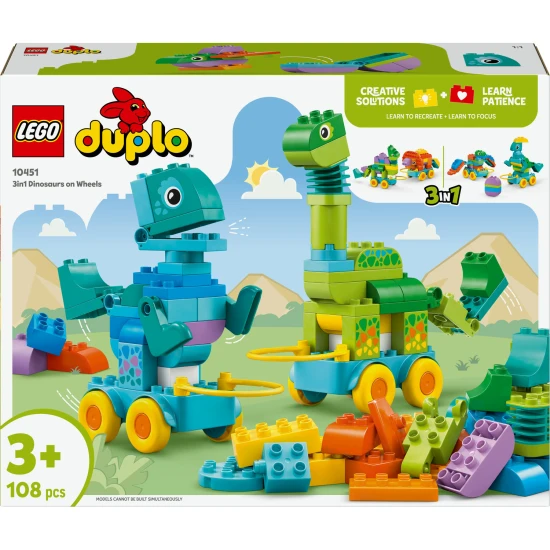 LEGO DUPLO 3 in 1 Dinosaurier auf Rädern 10451 – Diplodocus, T-Rex, Triceratops, Stegosaurus, Pteranodon und Parasaurolophus Bauset für Kinder