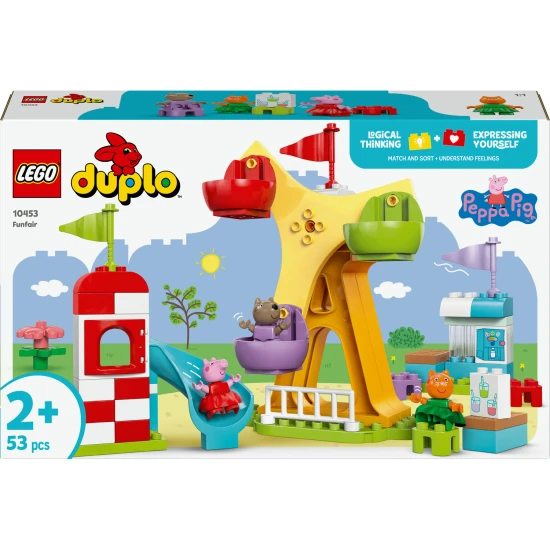 LEGO DUPLO Vergnügungspark mit Figuren von Peppa, Cili und Dany auf einem Riesenrad und einer Rutsche.
