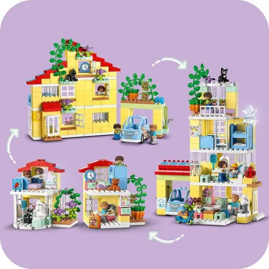 LEGO DUPLO Familienhaus 3 in 1: Ein dreistöckiges Haus, eine Garage mit Auto und ein Garten voller Pflanzen.