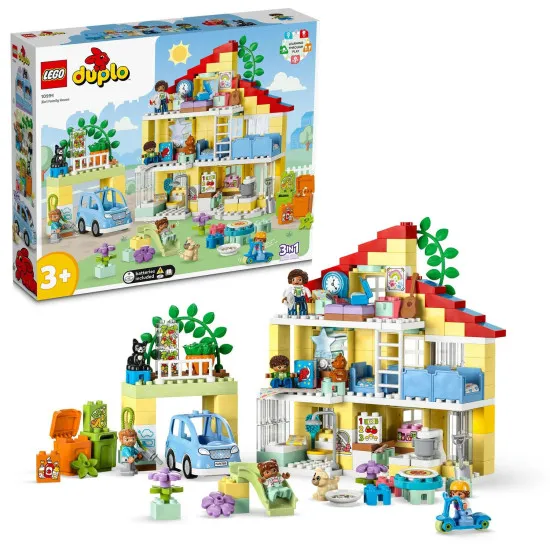 LEGO DUPLO Familienhaus 3 in 1: Ein dreistöckiges Haus, eine Garage mit Auto und ein Garten voller Pflanzen.