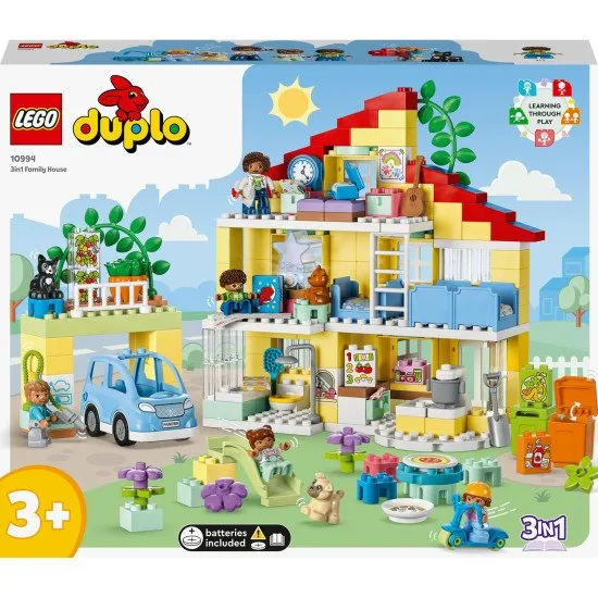 LEGO DUPLO Familienhaus 3 in 1: Ein dreistöckiges Haus, eine Garage mit Auto und ein Garten voller Pflanzen.