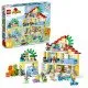 LEGO DUPLO Familienhaus 3 in 1: Ein dreistöckiges Haus, eine Garage mit Auto und ein Garten voller Pflanzen.