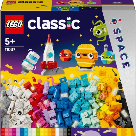 LEGO® Classic Creative Planets (11037) Bauset für Kinder mit Space-Shuttle-, Astronauten- und Sonnensystemmodellen mit bunten Blöcken und leuchtenden Teilen für nächtliche Weltraumerkundungen.
