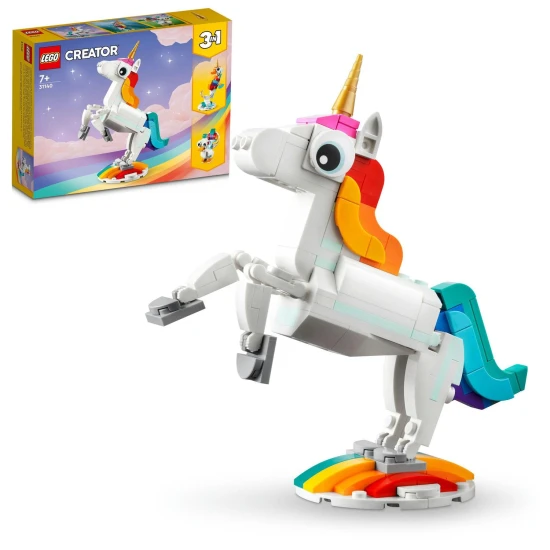 Der LEGO® Creator 3-in-1-Bausatz (31140) mit einem magischen Einhorn, einem Seepferdchen und einem Pfau enthält farbenfrohe positionierbare Modelle zum Bauen und Ausstellen, ideal für Kinder ab 7 Jahren.