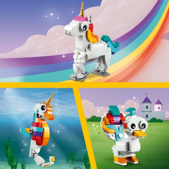 Der LEGO® Creator 3-in-1-Bausatz (31140) mit einem magischen Einhorn, einem Seepferdchen und einem Pfau enthält farbenfrohe positionierbare Modelle zum Bauen und Ausstellen, ideal für Kinder ab 7 Jahren.