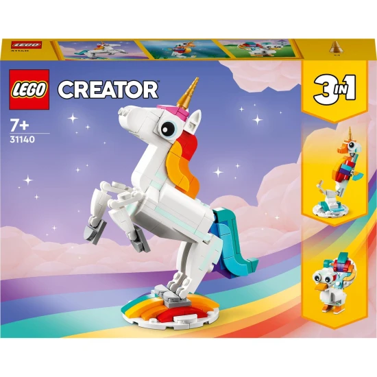 Der LEGO® Creator 3-in-1-Bausatz (31140) mit einem magischen Einhorn, einem Seepferdchen und einem Pfau enthält farbenfrohe positionierbare Modelle zum Bauen und Ausstellen, ideal für Kinder ab 7 Jahren.