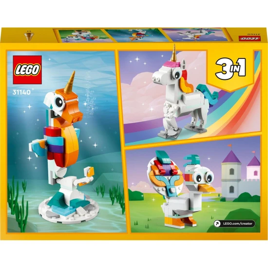 Der LEGO® Creator 3-in-1-Bausatz (31140) mit einem magischen Einhorn, einem Seepferdchen und einem Pfau enthält farbenfrohe positionierbare Modelle zum Bauen und Ausstellen, ideal für Kinder ab 7 Jahren.