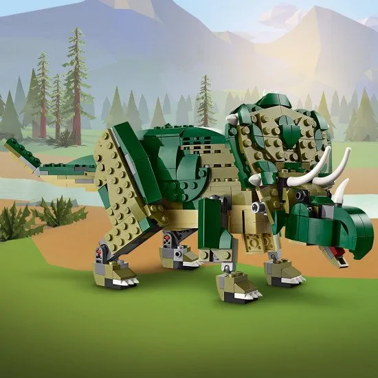 LEGO® Creator 3-in-1-Modelle: T-Rex, Triceratops und Pterodactylus in Aktion – das perfekte Set für Dinosaurierliebhaber.