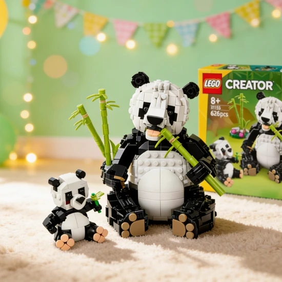 LEGO CREATOR Wilde Tiere: Pandafamilie – ein Panda mit Jungem im Dschungel und verschiedene umbaubare Tiermodelle.