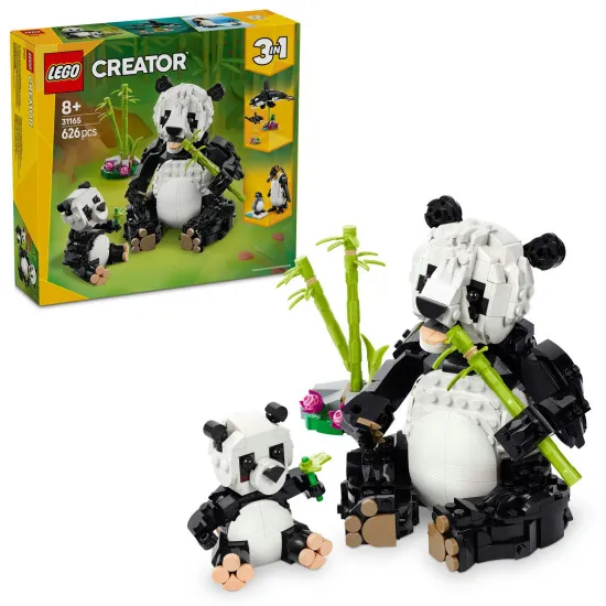 LEGO CREATOR Wilde Tiere: Pandafamilie – ein Panda mit Jungem im Dschungel und verschiedene umbaubare Tiermodelle.