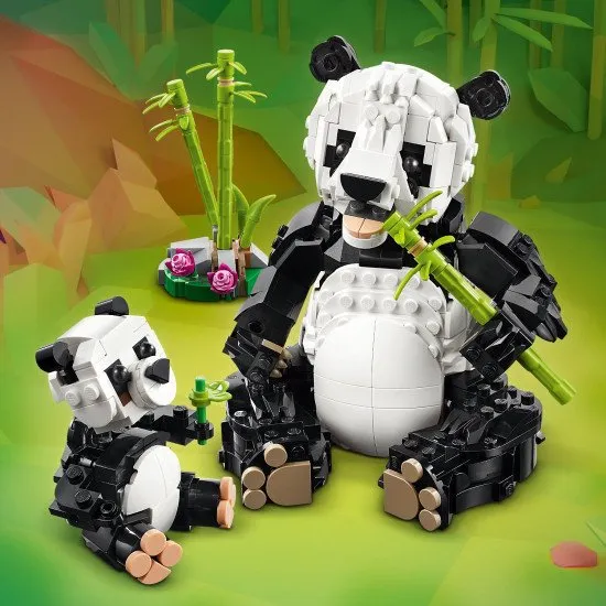 LEGO CREATOR Wilde Tiere: Pandafamilie – ein Panda mit Jungem im Dschungel und verschiedene umbaubare Tiermodelle.